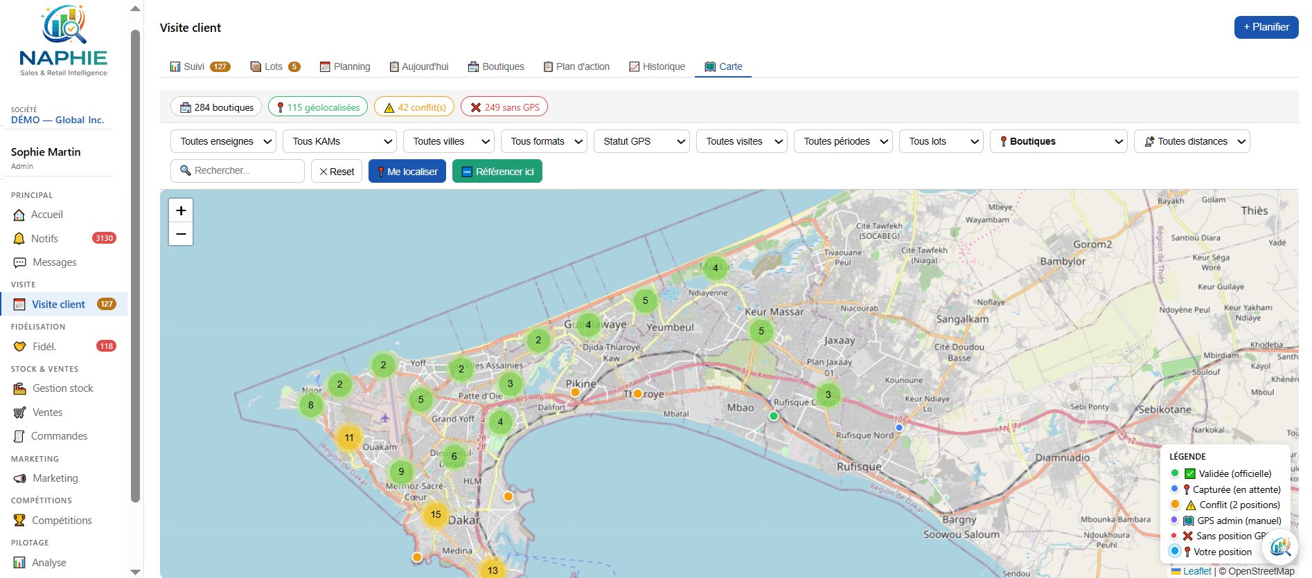 Carte interactive Naphie — boutiques géolocalisées, statuts GPS et filtres